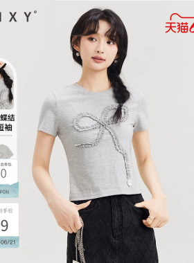 古木夕羊简约休闲灰色蝴蝶结T恤女夏纯棉修身短袖上衣
