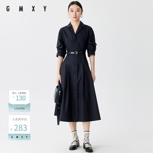 古木夕羊通勤宽松V领收腰连衣裙女时尚百搭中长裙GS41018001