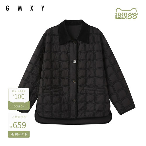 古木夕羊简约气质纯色格子棉服女秋保暖宽松显瘦棉服GR550022007