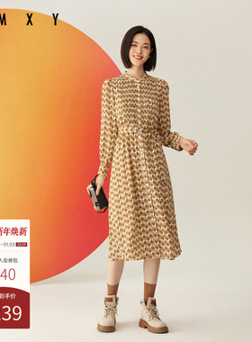 古木夕羊法式印花设计碎花连衣裙女秋冬收腰显瘦长裙GD35018076