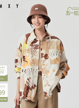 古木夕羊美式复古印花设计翻领长袖衬衫外套女GS510082004