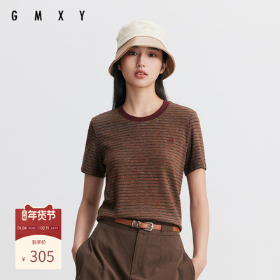 古木夕羊2025秋季复古宽松条纹撞色领设计短袖T恤女GR550091013