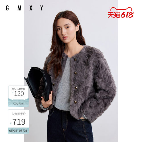 古木夕羊气质环保皮草圆领保暖外套女复古轻熟上衣冬款GR57072027