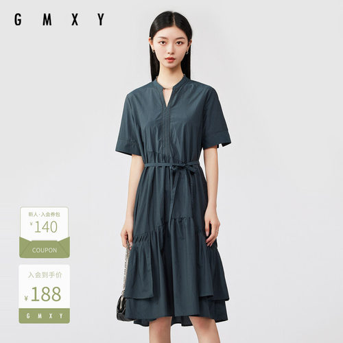 古木夕羊夏季时尚减龄V领荷叶边连衣裙女收腰显瘦中长裙GS3301850