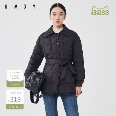 古木夕羊简约时尚系带90白鸭绒羽绒服女减龄宽松外套GS37001025