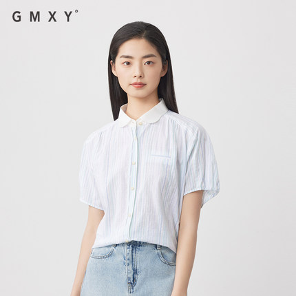 古木夕羊2025夏季新款减龄修身竖纹设计短袖衬衫女GS530082006