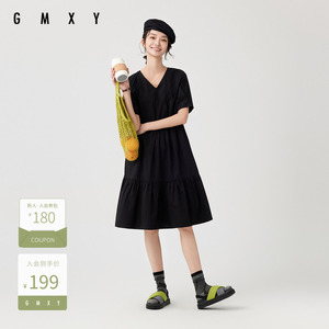 古木夕羊减龄V领短袖连衣裙女夏季新品纯色拼接设计中长裙