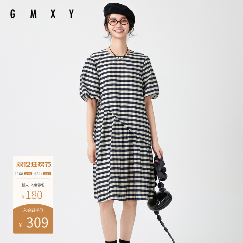 古木夕羊夏季通勤格子设计圆领连衣裙女泡泡袖宽松显瘦中长裙