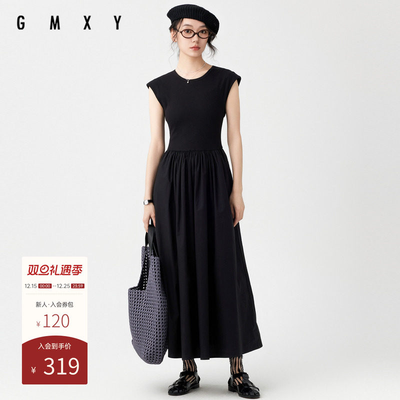 古木夕羊夏季时尚简约圆领拼接无袖连衣裙女GS430182001