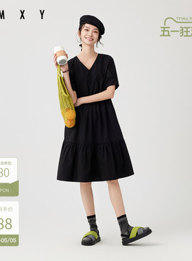 古木夕羊减龄V领短袖连衣裙女夏季新品纯色拼接设计中长裙