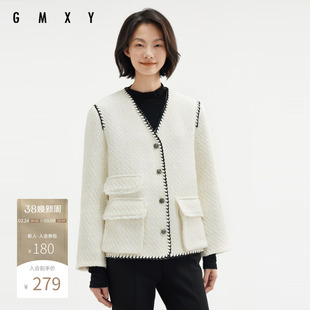 古木夕羊冬季气质百搭V领粗花呢撞色边含羊毛外套女GS37007008