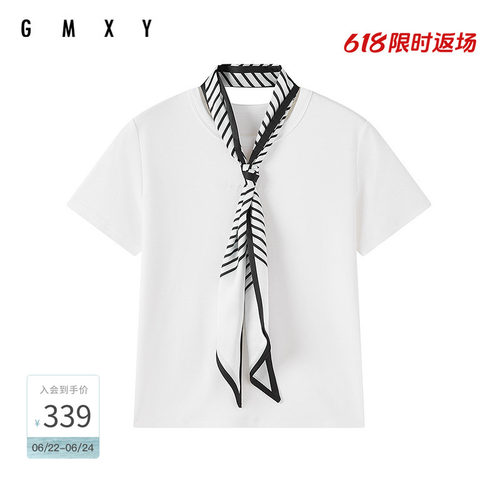 古木夕羊休闲圆领条纹系带短袖字母绣花气质女上衣GR61091013