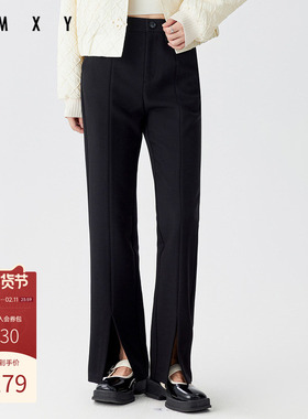 古木夕羊简约黑色直筒开叉休闲裤女气质设计感修身长裤GS41014005