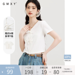 古木夕羊纯色肌理感短袖 上衣 T恤2025夏V领蝴蝶结系带修身 短款