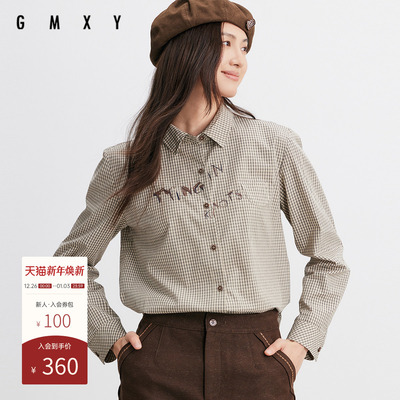 古木夕羊通勤宽松格子长袖衬衫女秋季纯棉时尚衬衣GR550082031