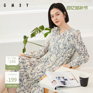 古木夕羊时尚法式碎花长袖连衣裙女秋季V领修身显瘦印花中长裙