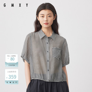 古木夕羊夏季新款简约气质格子翻领短袖衬衫女GS530082009