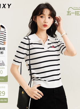 古木夕羊条纹针织短袖T恤女2025夏季新款套头Polo领刺绣上衣