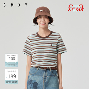 古木夕羊简约圆领条纹短袖T恤女春季百搭宽松上衣GS510091002