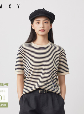 古木夕羊休闲减龄条纹撞色设计短袖T恤女2025夏季新款GS530034010