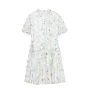 古木夕羊时尚立领设计印花连衣裙女夏季V领花边收腰百搭中长裙