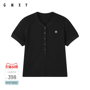 古木夕羊夏季新款气质纽扣短袖V领休闲短款T恤女GR63091046