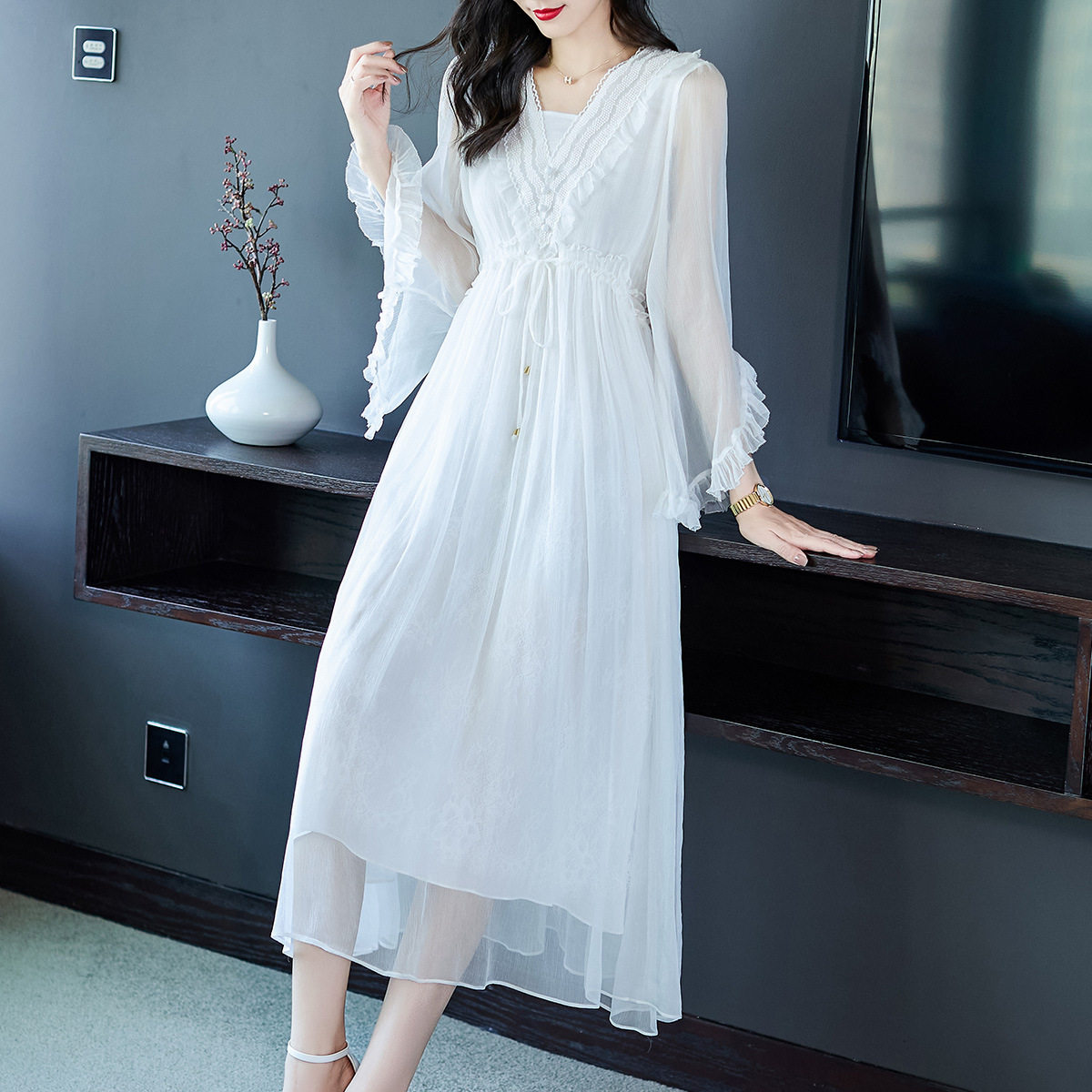 纯白色真丝仙女裙子夏季女装五一度假长裙高端桑蚕丝连衣裙