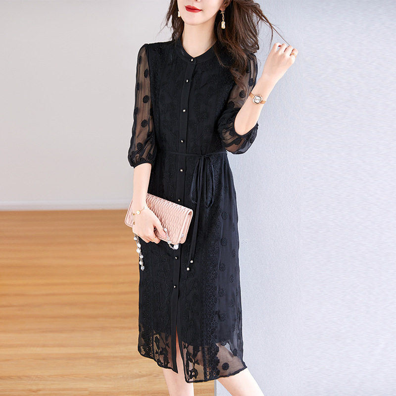 重磅真丝刺绣连衣裙女夏新款时尚洋气中年妈妈装大码桑蚕丝连衣裙