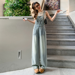 直筒阔腿裤 高腰宽松休闲显瘦韩版 女2026春秋夏新款 减龄牛仔背带裤