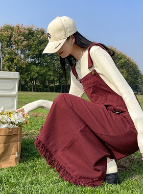 安可拉红牛仔背带裙女中长款2025新款春夏季高腰显瘦流苏减龄开叉