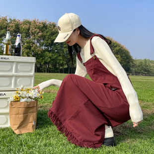 高腰显瘦流苏减龄开叉 春夏季 安可拉红牛仔背带裙女中长款 2025新款
