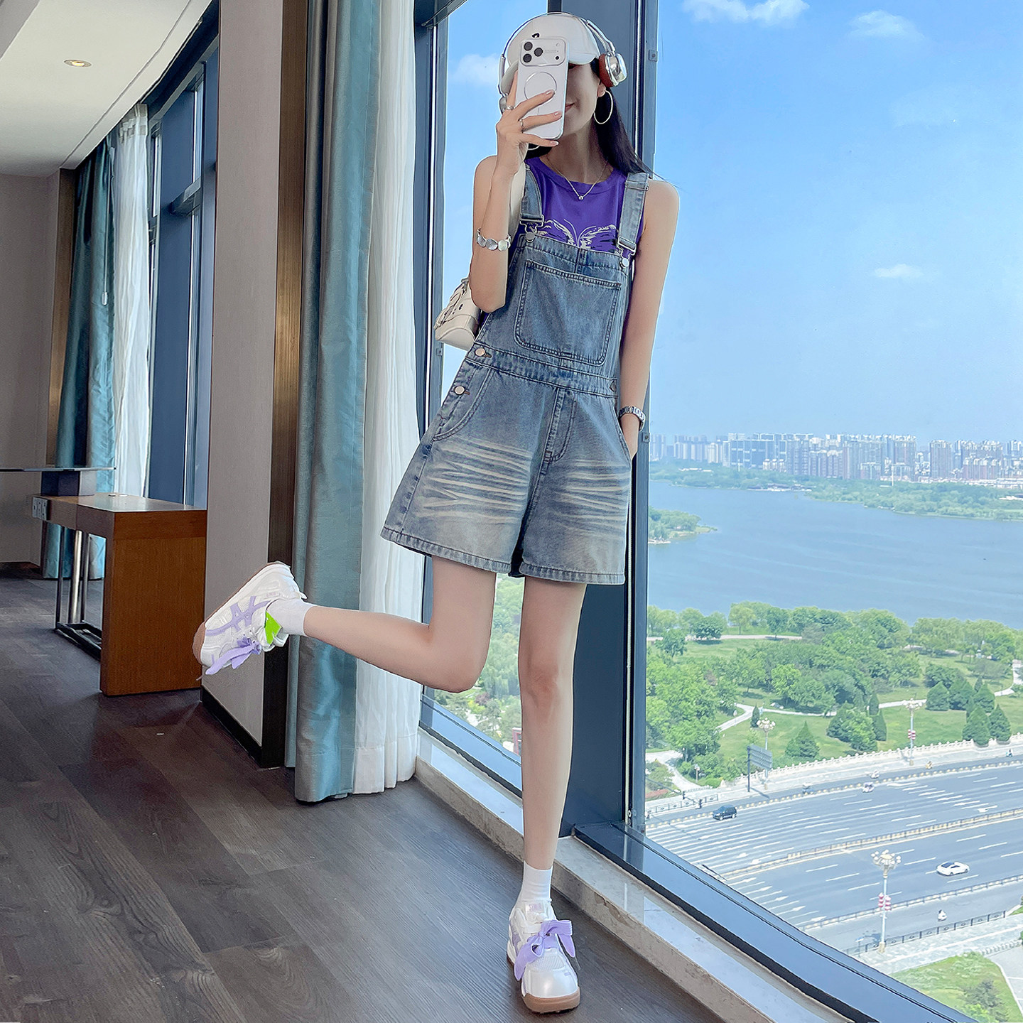 减龄牛仔背带短裤女2026新款夏季薄款宽松休闲显瘦高腰阔腿连体裤 - 实物图