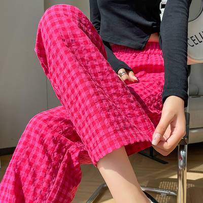 粉红色格子裤夏季薄款泡芙阔腿裤