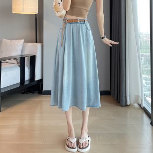 高腰显瘦a字莱赛尔冰丝中长裙 2025新款 浅色牛仔半身裙女夏季 薄款