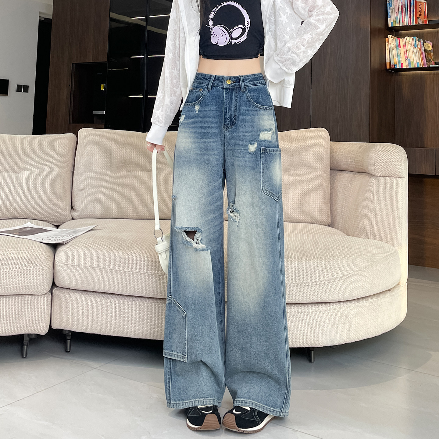 破洞工装阔腿牛仔裤女春秋2026新款高腰宽松显瘦复古休闲直筒长裤