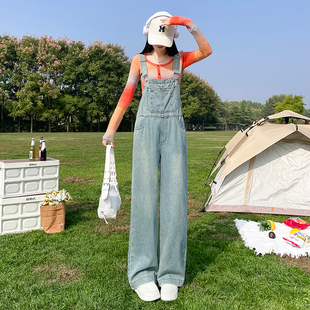 显瘦直筒奶系毛边连体阔腿长裤 减龄盐系牛仔背带裤 女春秋2025新款