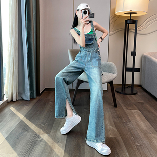 设计感高腰休闲显瘦炸街 女春秋减龄2026新款 开叉牛仔背带裤 阔腿裤