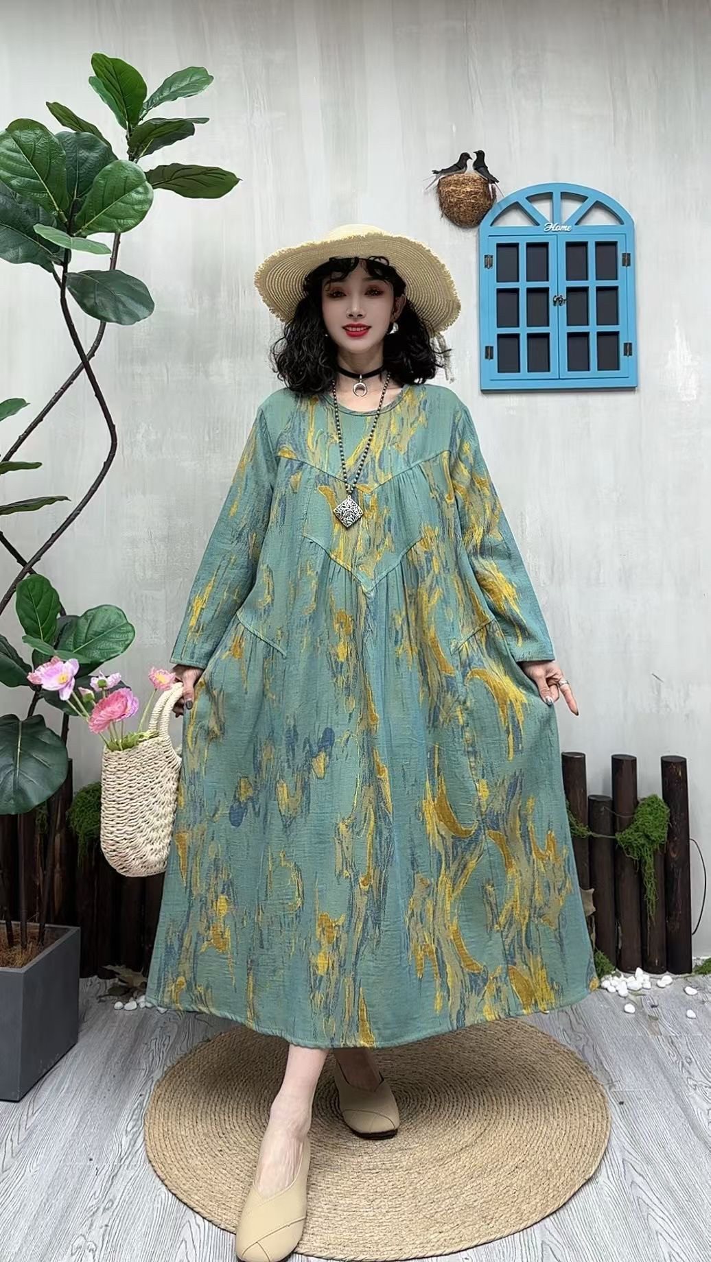 九分袖圆领立体裁剪加大加肥有口袋花连衣裙母亲节礼物妈妈装包邮