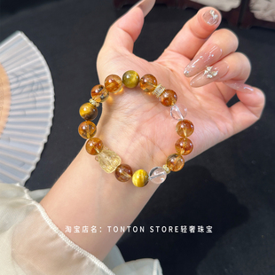 原创天然黄水晶金虎眼白水晶黄塔晶狐狸手链招财旺财暴富土系手串