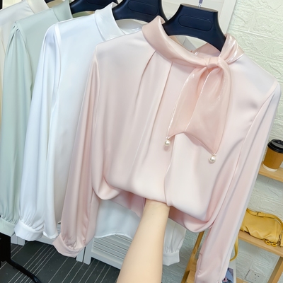 欧根纱蝴蝶结宽松半高领雪纺衫女