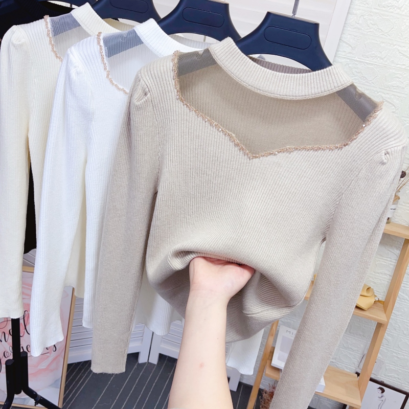 设计感网纱半高领针织打底衫女秋冬新款修身显瘦内搭毛衣上衣