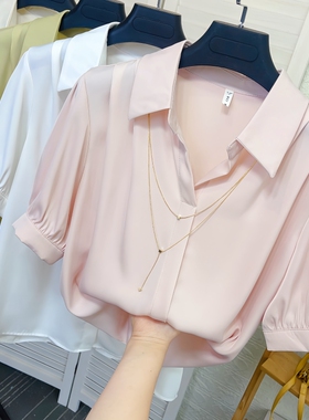 夏季新款项链短袖雪纺衬衫女气质工装职业翻V领醋酸缎面衬衣上衣