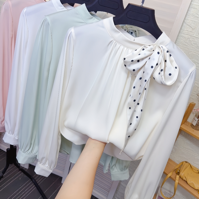 蝴蝶结醋酸缎面气质衬衫女
