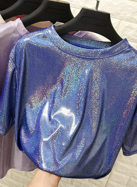 ulzzang亮丝显瘦短袖T恤女夏季ins超火宽松紫色亮面打底体恤上衣