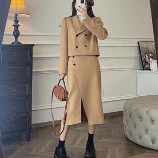 青果领微泡泡袖 张涩涩ZSS 枫糖奶霜 新品 双排扣毛呢外套 YIER春季