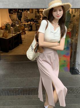 张涩涩getA4腰 手工花苞褶高腰高开叉设计感小众半身裙女夏季垂感