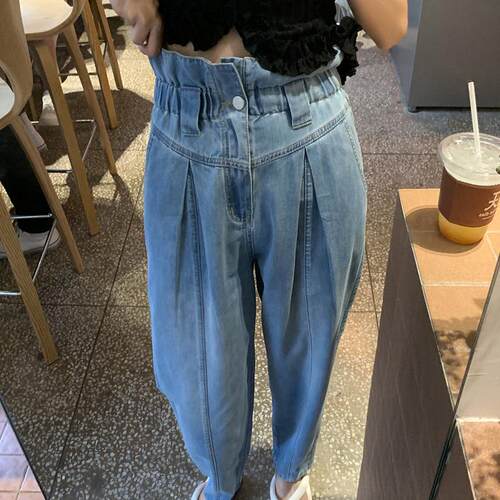张涩涩肌肤冰贝纤维高腰花苞哈伦牛仔裤女夏天冰丝薄款老爹萝卜裤