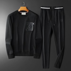 F6077 T055 P240 2025新款秋季卫衣长裤运动休闲套装 黑色-黑底图，男装休闲套装，钱塘6077
