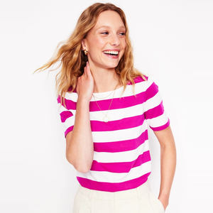 英国单夏季新品船领短袖条纹经典时尚休闲日常通勤T恤女修身