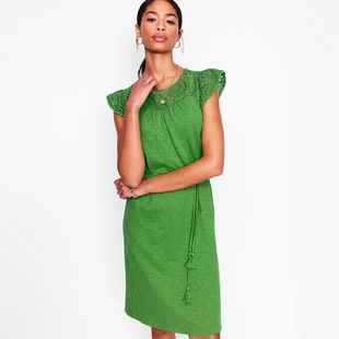 绑腰带流苏装 圆领镂空刺绣飞飞袖 饰优雅休闲连衣裙 新品 英国单夏季